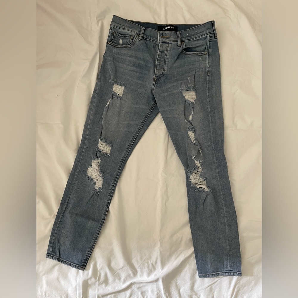 Express Distressed High Rise Vintage Skinny Jeans | 6R | Button-fly | Light Wash